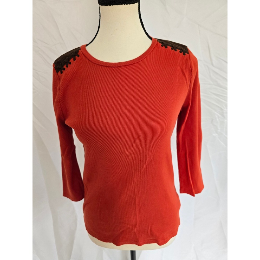 Lauren Ralph Lauren Ribbed Knit 3/4 Sleeve Top Orange Lace Up Shoulder Detail M